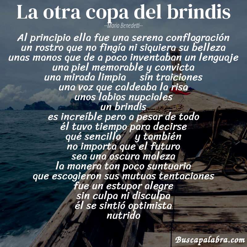 Poema la otra copa del brindis de Mario Benedetti con fondo de barca