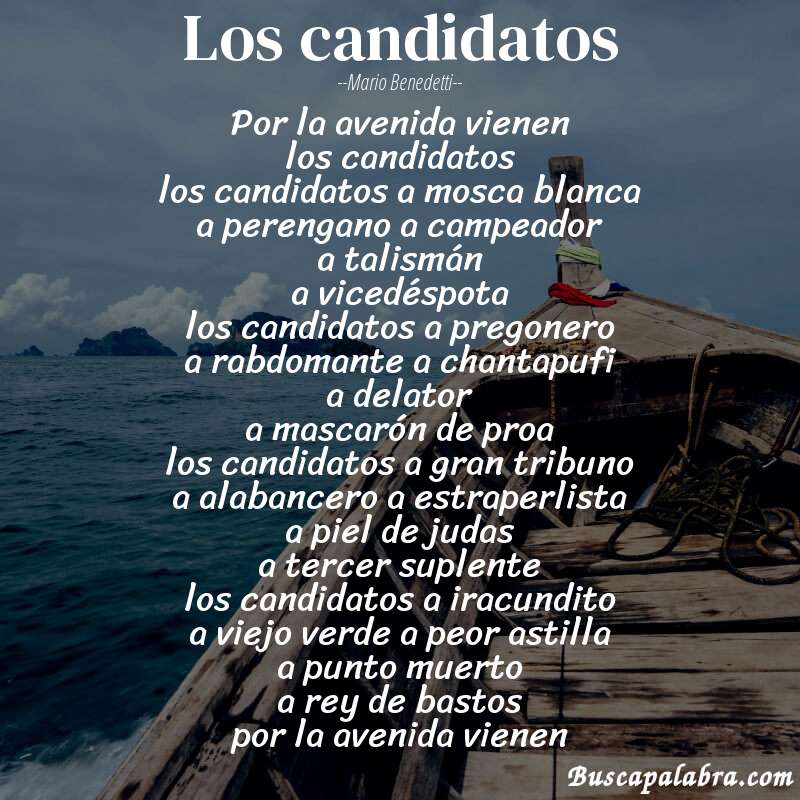 Poema los candidatos de Mario Benedetti con fondo de barca