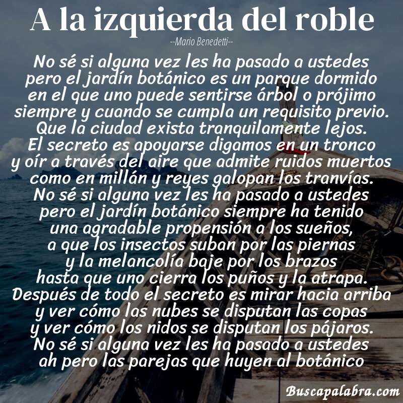 Poema a la izquierda del roble de Mario Benedetti con fondo de barca