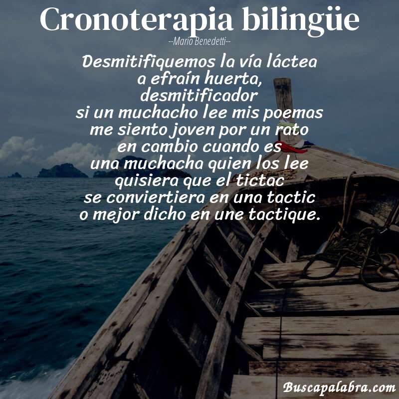 Poema cronoterapia bilingüe de Mario Benedetti con fondo de barca