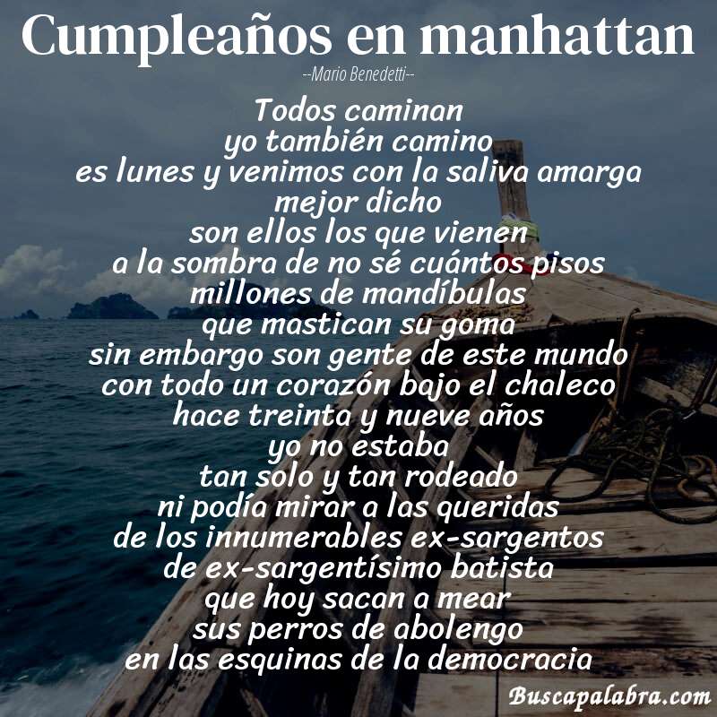 Poema cumpleaños en manhattan de Mario Benedetti con fondo de barca
