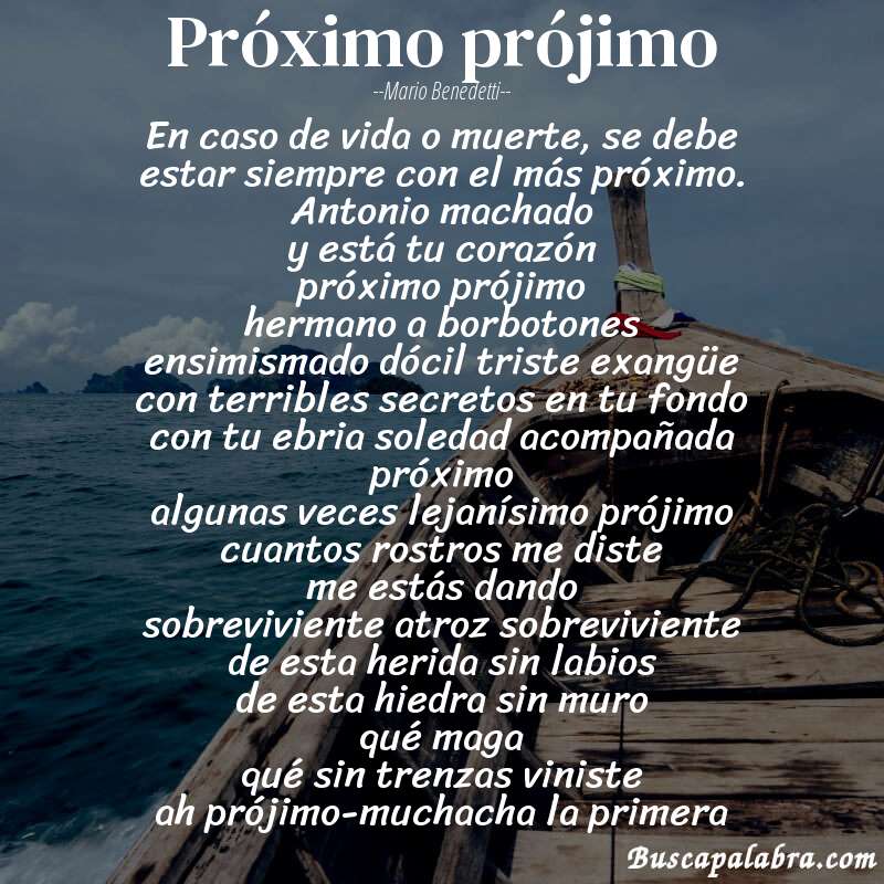 Poema próximo prójimo de Mario Benedetti con fondo de barca