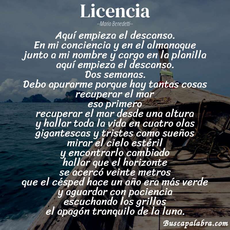 Poema licencia de Mario Benedetti con fondo de barca