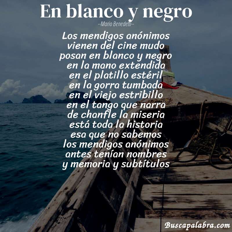 Poema en blanco y negro de Mario Benedetti con fondo de barca