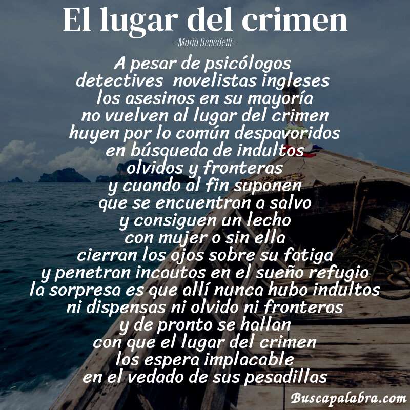 Poema el lugar del crimen de Mario Benedetti con fondo de barca