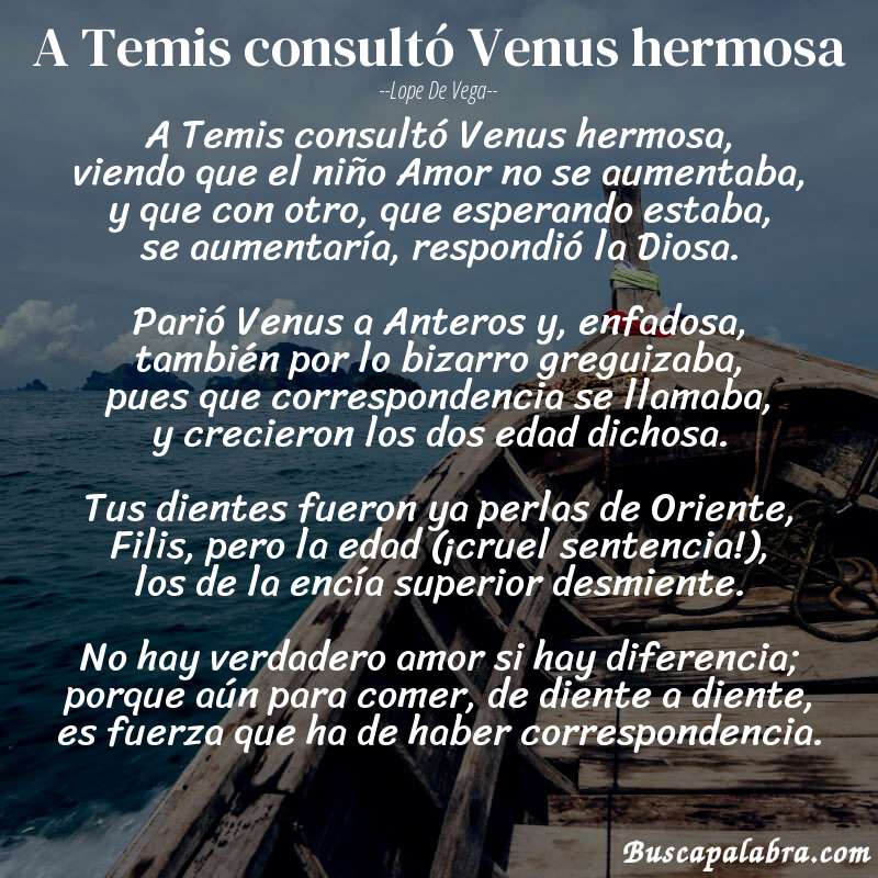 Poema A Temis consultó Venus hermosa de Lope de Vega con fondo de barca