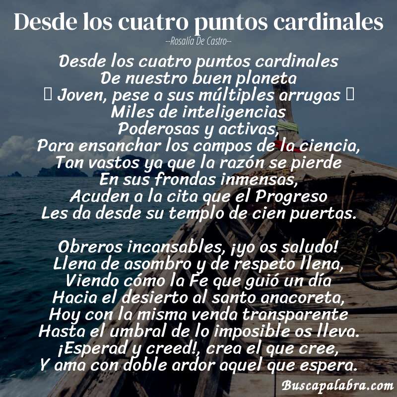 Poema Desde los cuatro puntos cardinales de Rosalía de Castro con fondo de barca