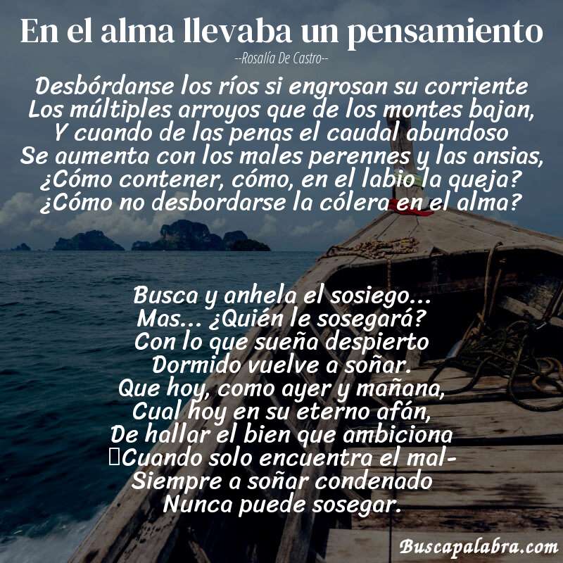 Poema En el alma llevaba un pensamiento de Rosalía de Castro con fondo de barca