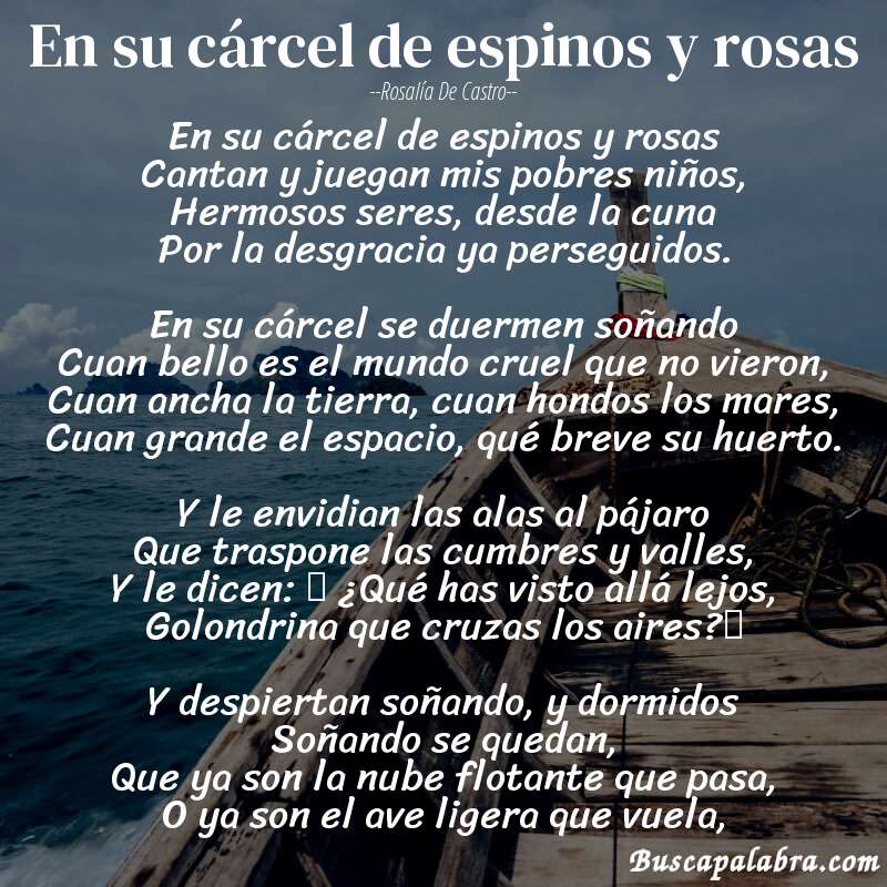 Poema En su cárcel de espinos y rosas de Rosalía de Castro con fondo de barca