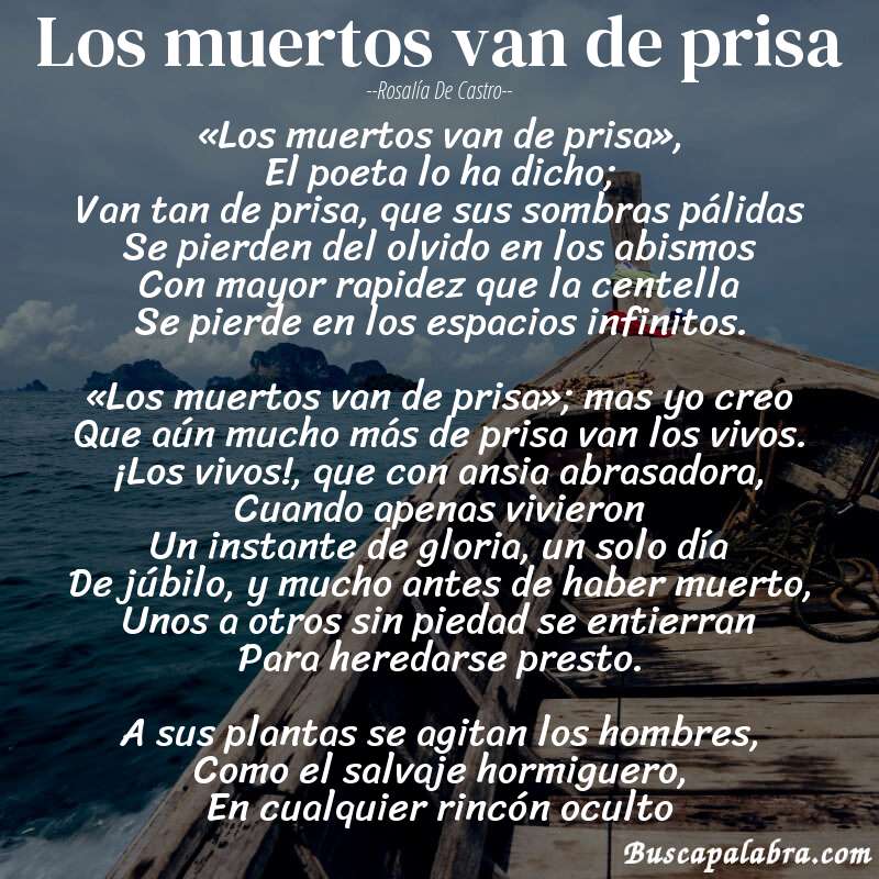 Poema Los muertos van de prisa de Rosalía de Castro con fondo de barca
