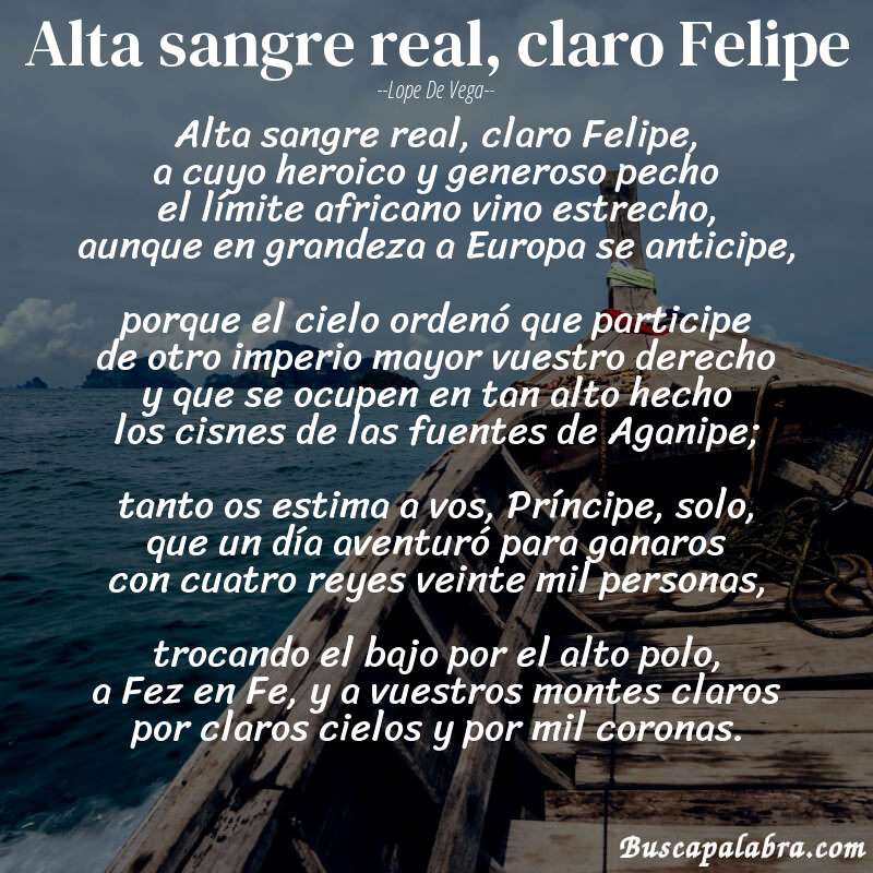 Poema Alta sangre real, claro Felipe de Lope de Vega con fondo de barca