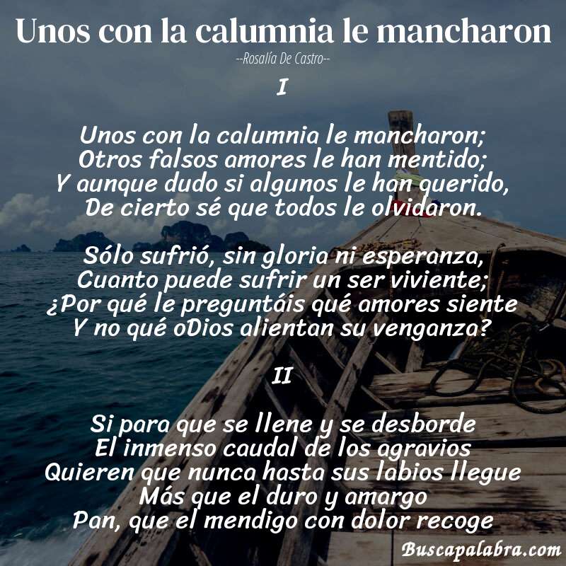 Poema Unos con la calumnia le mancharon de Rosalía de Castro con fondo de barca