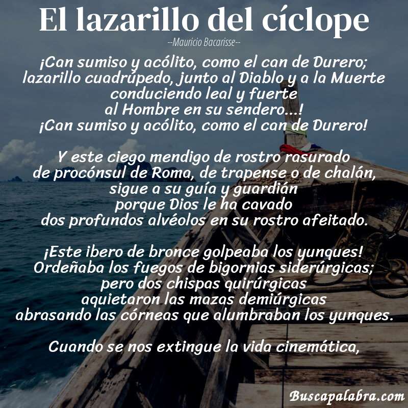 Poema El lazarillo del cíclope de Mauricio Bacarisse con fondo de barca