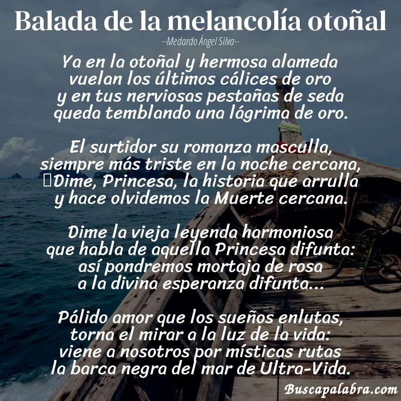 Poema Balada de la melancolía otoñal de Medardo Ángel Silva con fondo de barca