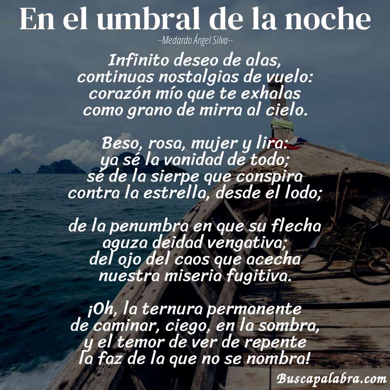 Poema En el umbral de la noche de Medardo Ángel Silva con fondo de barca