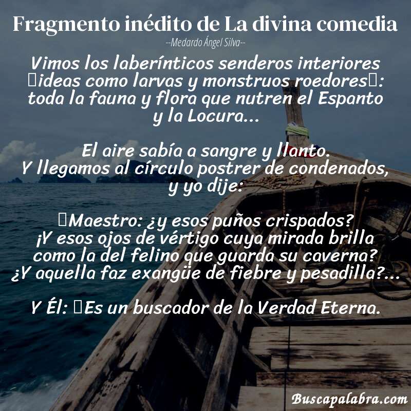 Poema Fragmento inédito de La divina comedia de Medardo Ángel Silva con fondo de barca