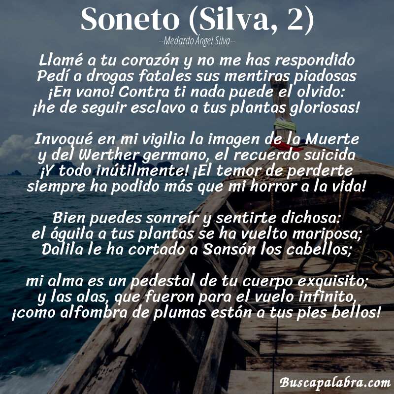 Poema Soneto (Silva, 2) de Medardo Ángel Silva con fondo de barca
