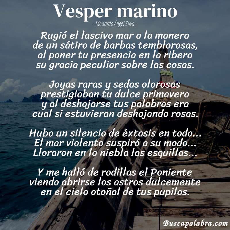 Poema Vesper marino de Medardo Ángel Silva con fondo de barca