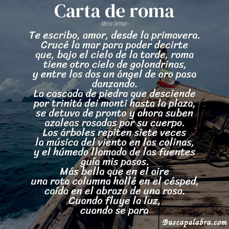 Poema carta de roma de Meira Delmar con fondo de barca