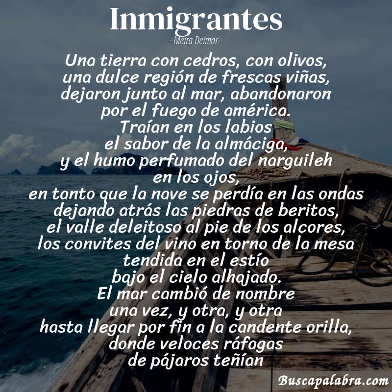 Poema inmigrantes de Meira Delmar con fondo de barca