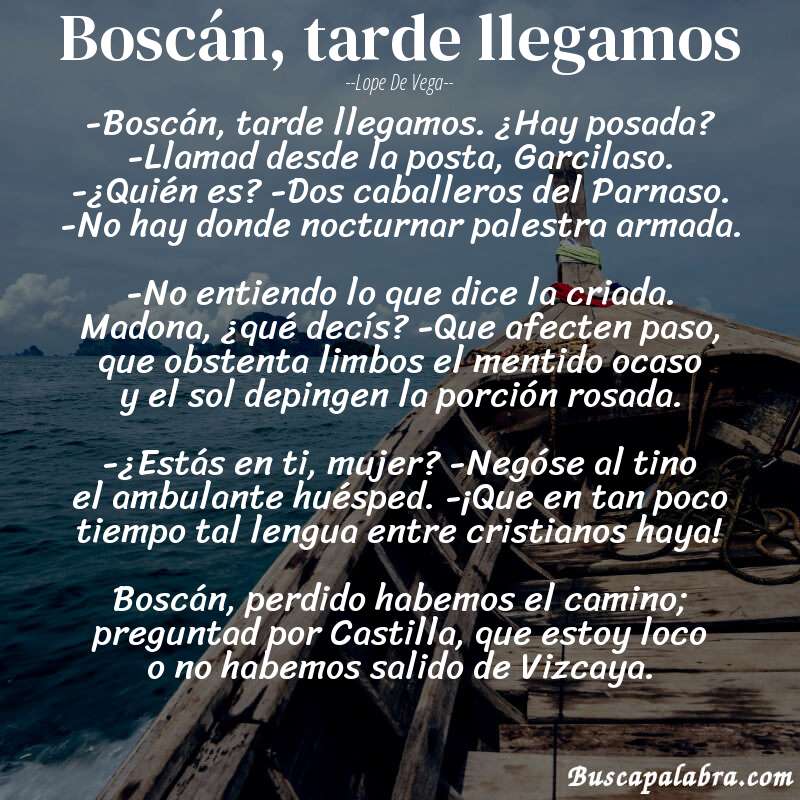 Poema Boscán, tarde llegamos de Lope de Vega con fondo de barca
