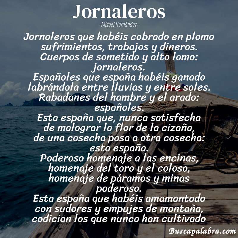 Poema jornaleros de Miguel Hernández con fondo de barca