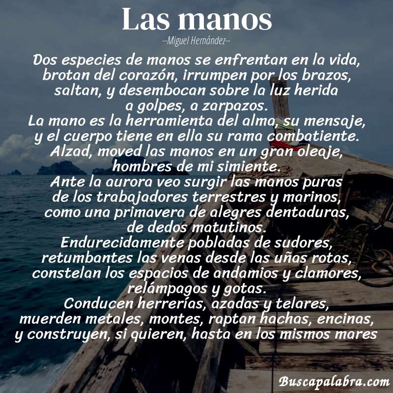 Poema las manos de Miguel Hernández con fondo de barca
