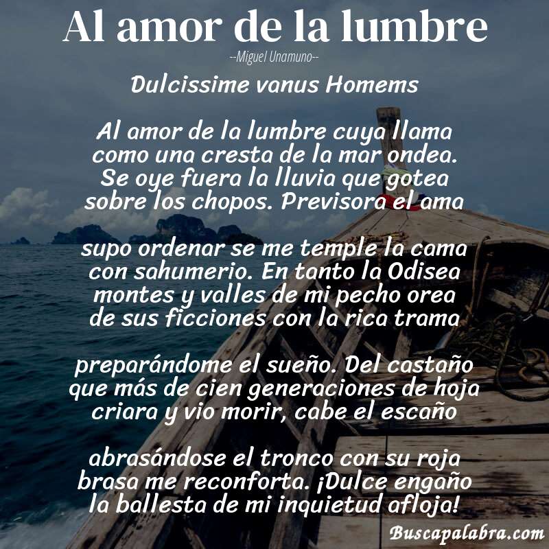 Poema Al amor de la lumbre de Miguel Unamuno con fondo de barca