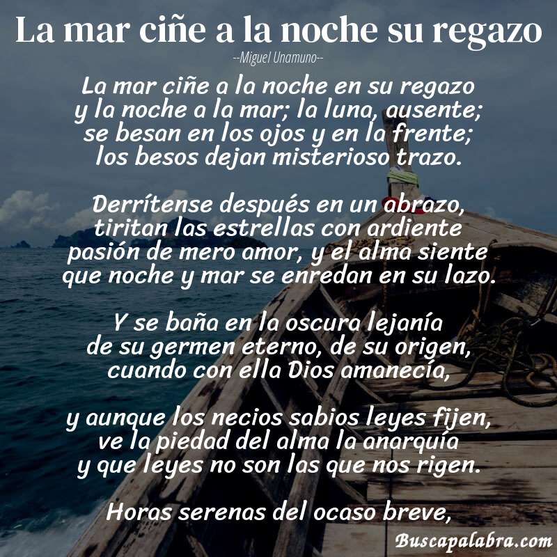 Poema La mar ciñe a la noche su regazo de Miguel Unamuno con fondo de barca