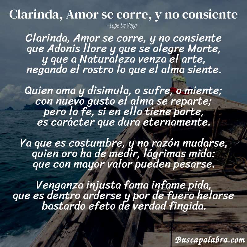 Poema Clarinda, Amor se corre, y no consiente de Lope de Vega con fondo de barca