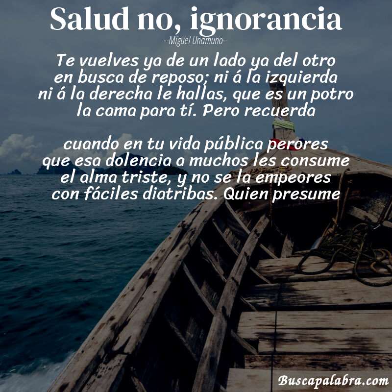 Poema Salud no, ignorancia de Miguel Unamuno con fondo de barca