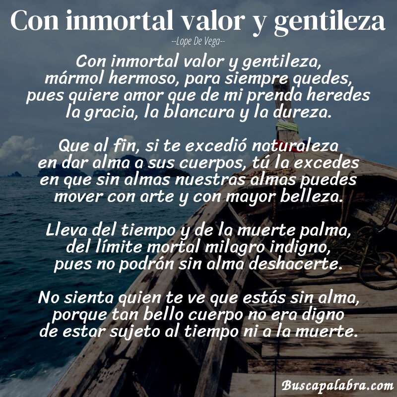 Poema Con inmortal valor y gentileza de Lope de Vega con fondo de barca