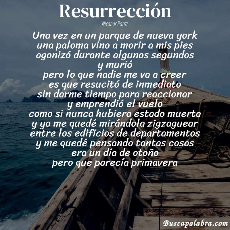 Poema resurrección de Nicanor Parra con fondo de barca