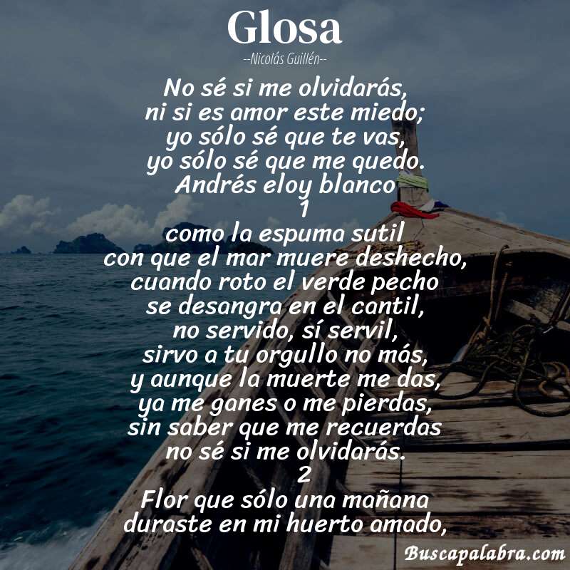 Poema glosa de Nicolás Guillén con fondo de barca