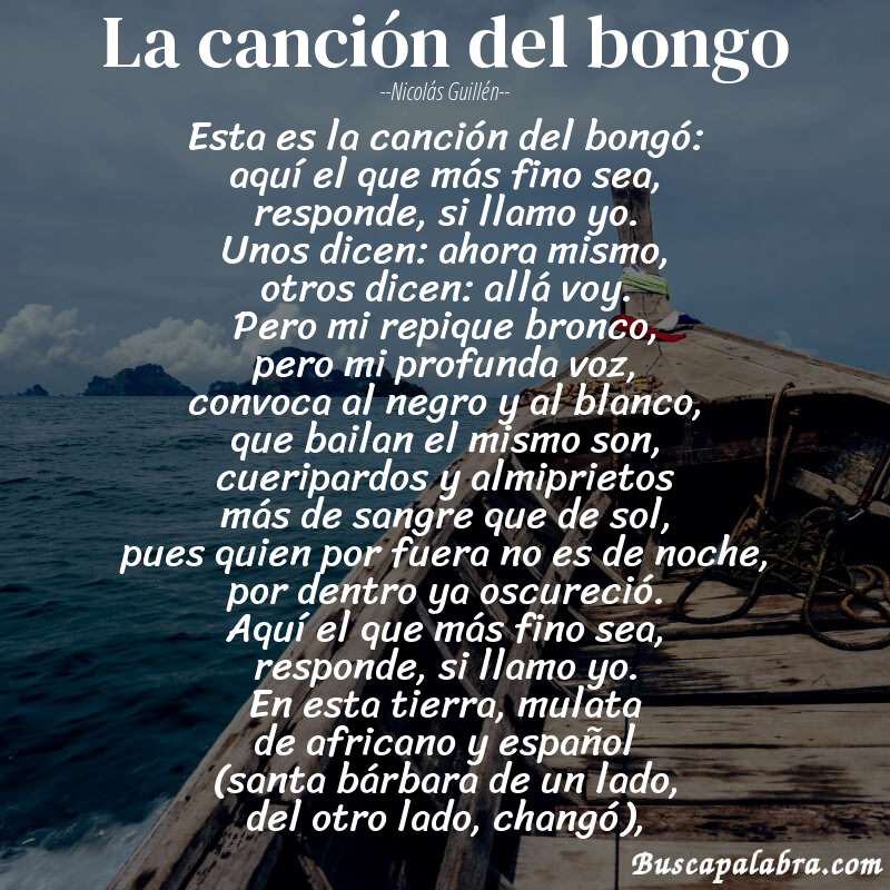 Poema la canción del bongo de Nicolás Guillén con fondo de barca