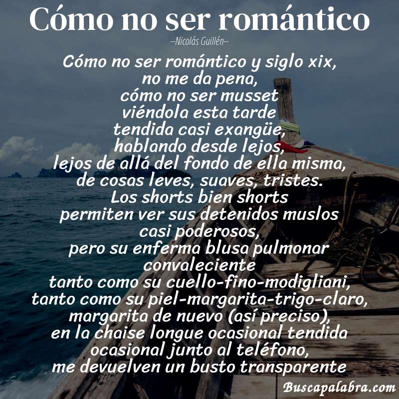 Poema cómo no ser romántico de Nicolás Guillén con fondo de barca