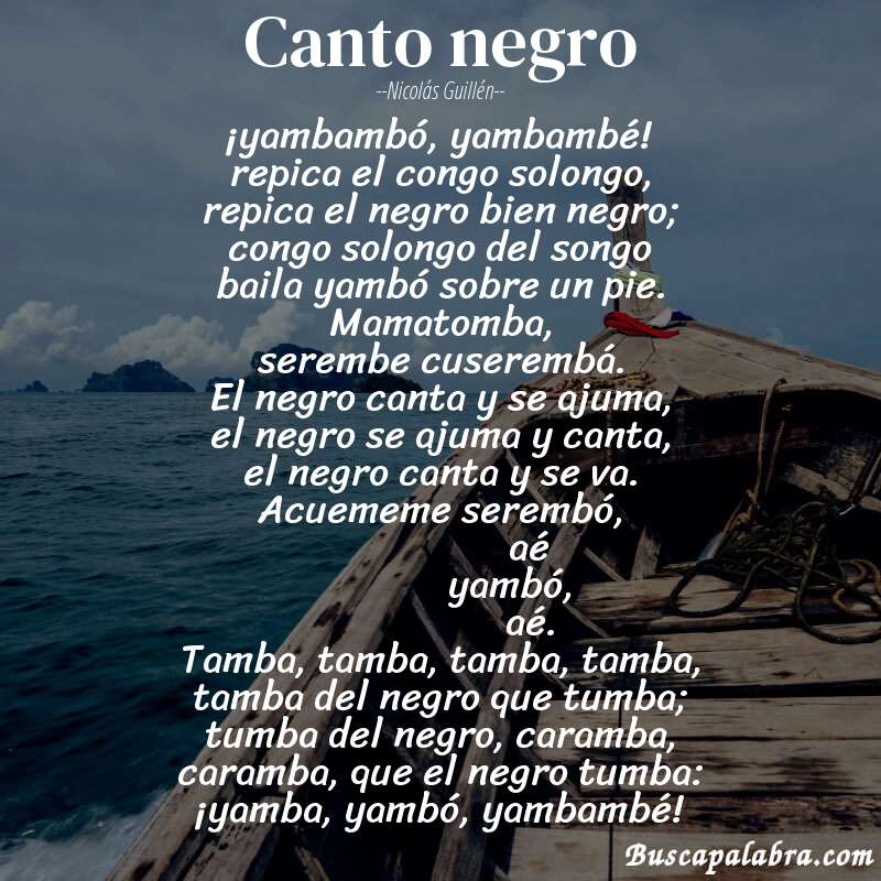Poema canto negro de Nicolás Guillén con fondo de barca