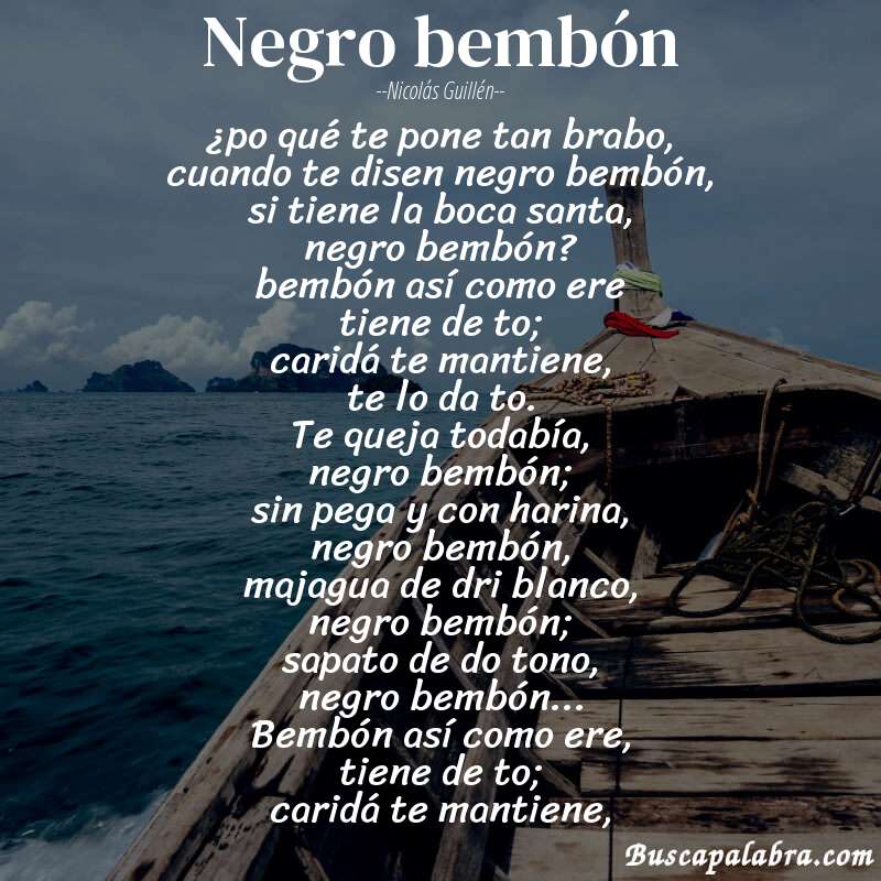 Poema negro bembón de Nicolás Guillén con fondo de barca