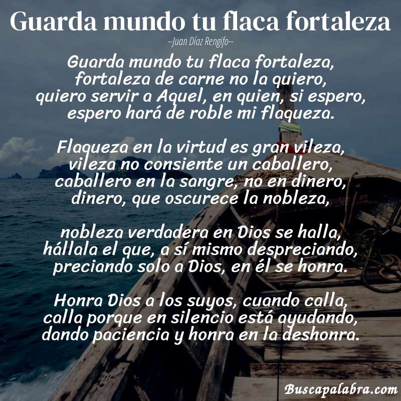 Poema Guarda mundo tu flaca fortaleza de Juan Díaz Rengifo con fondo de barca