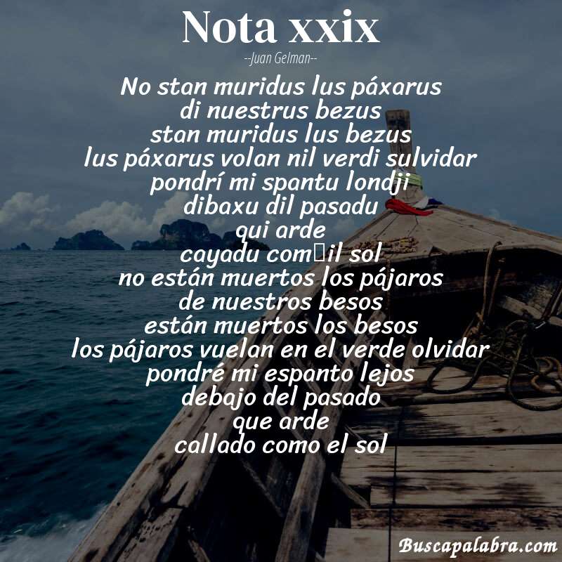 Poema nota xxix de Juan Gelman con fondo de barca