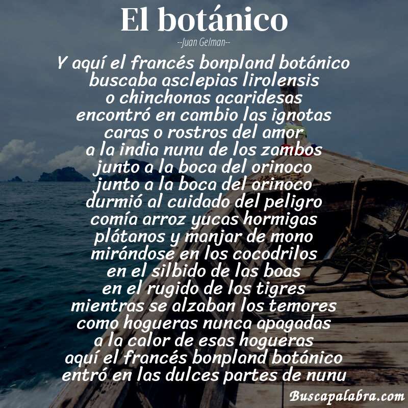 Poema el botánico de Juan Gelman con fondo de barca