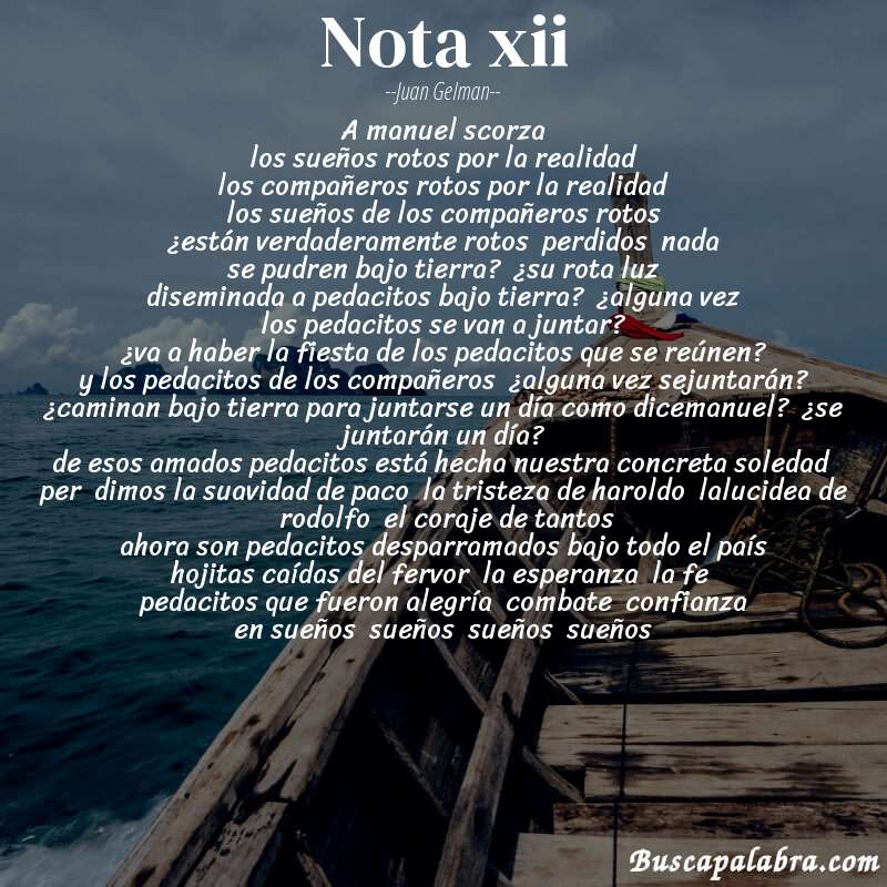 Poema nota xii de Juan Gelman con fondo de barca