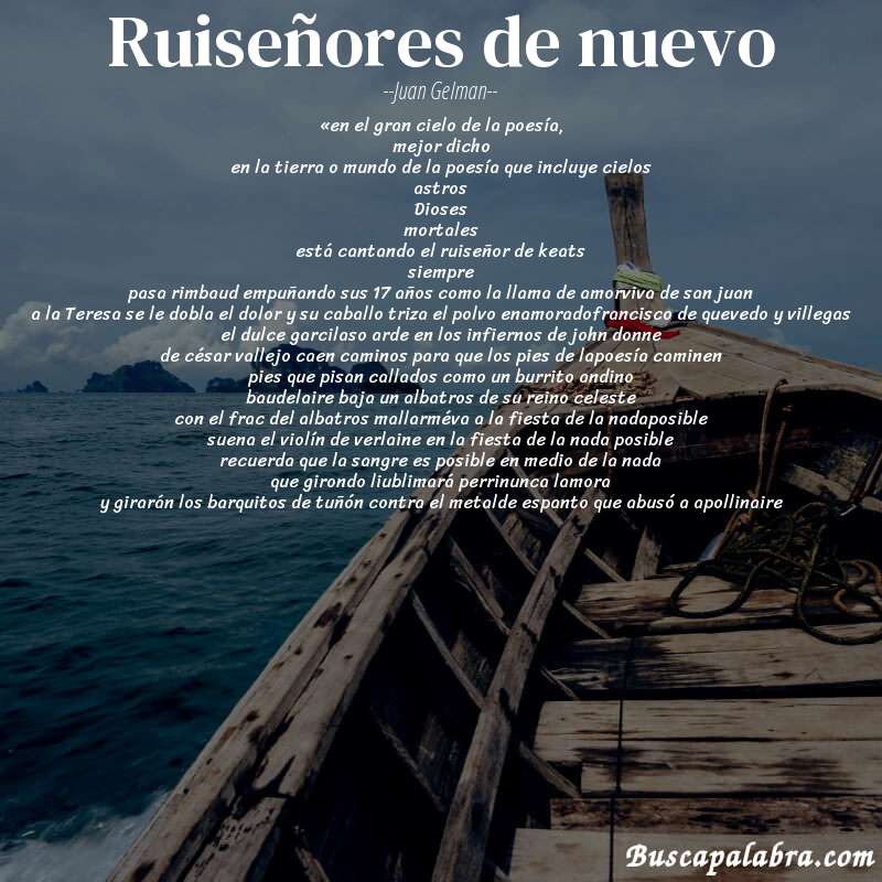 Poema ruiseñores de nuevo de Juan Gelman con fondo de barca