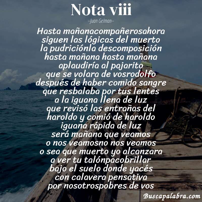 Poema nota viii de Juan Gelman con fondo de barca