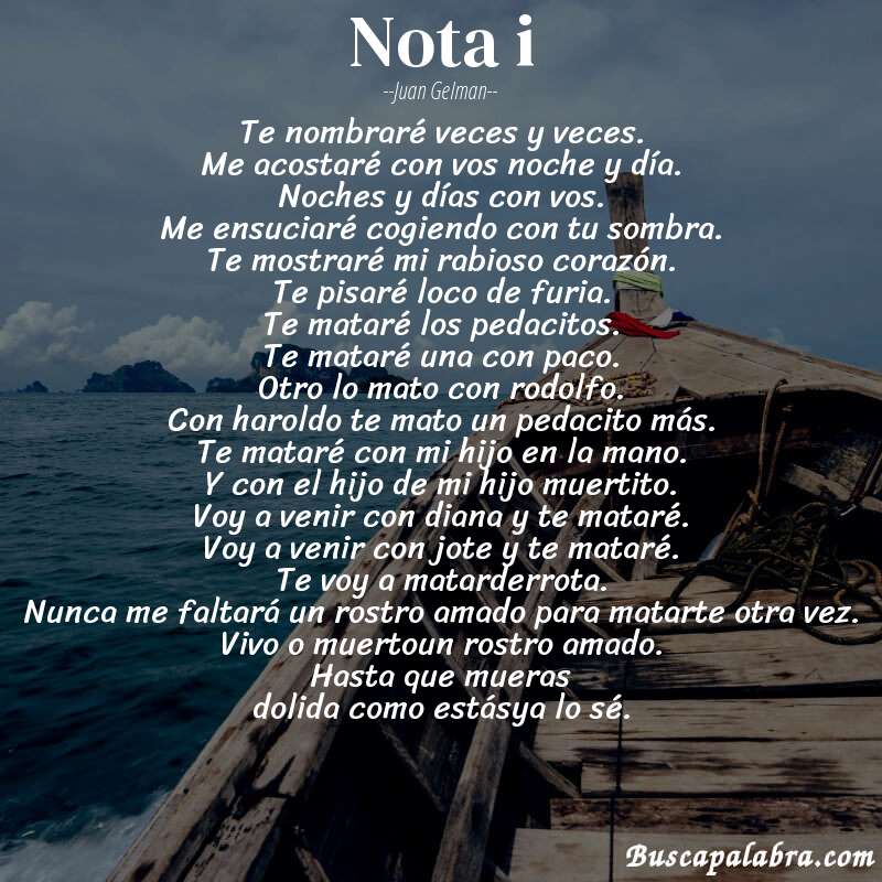 Poema nota i de Juan Gelman con fondo de barca