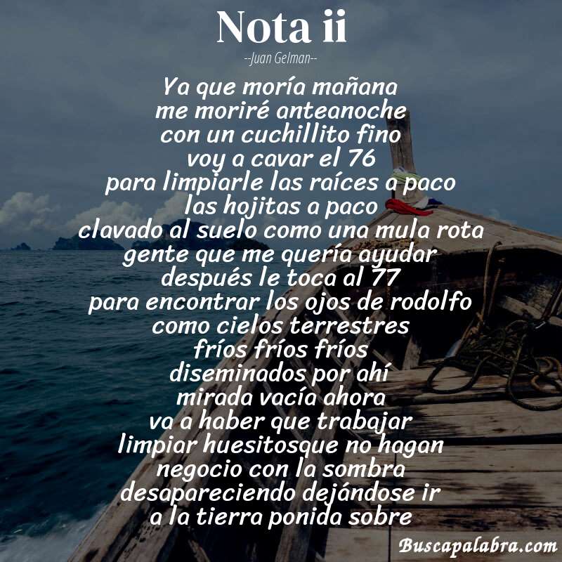 Poema nota ii de Juan Gelman con fondo de barca