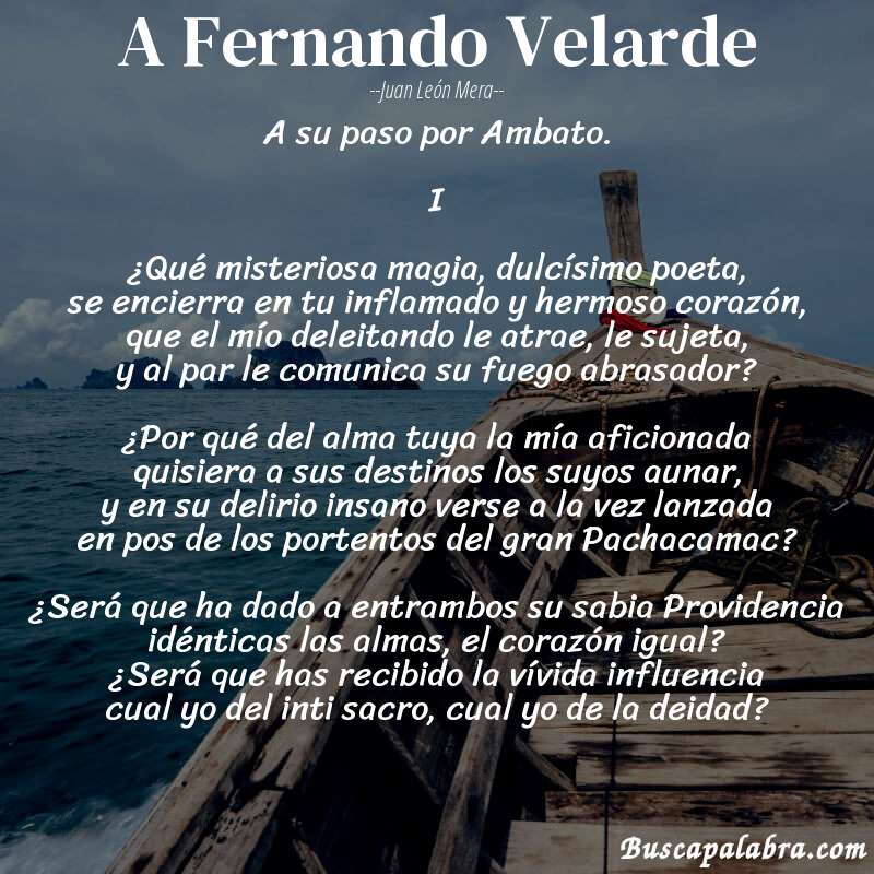 Poema A Fernando Velarde de Juan León Mera con fondo de barca