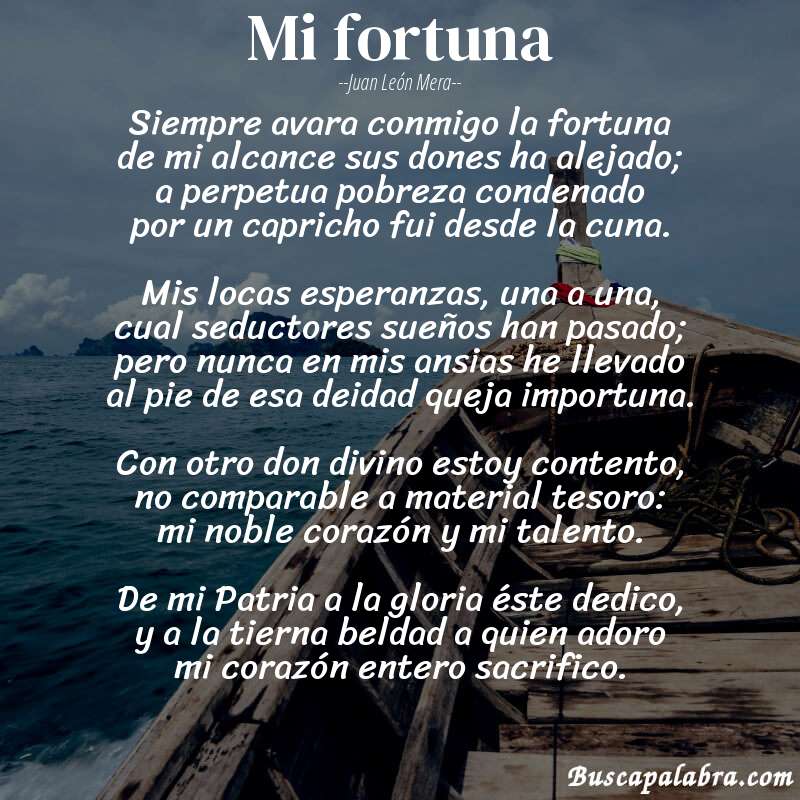 Poema Mi fortuna de Juan León Mera con fondo de barca
