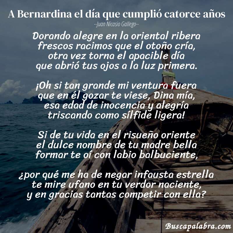 Poema A Bernardina el día que cumplió catorce años de Juan Nicasio Gallego con fondo de barca