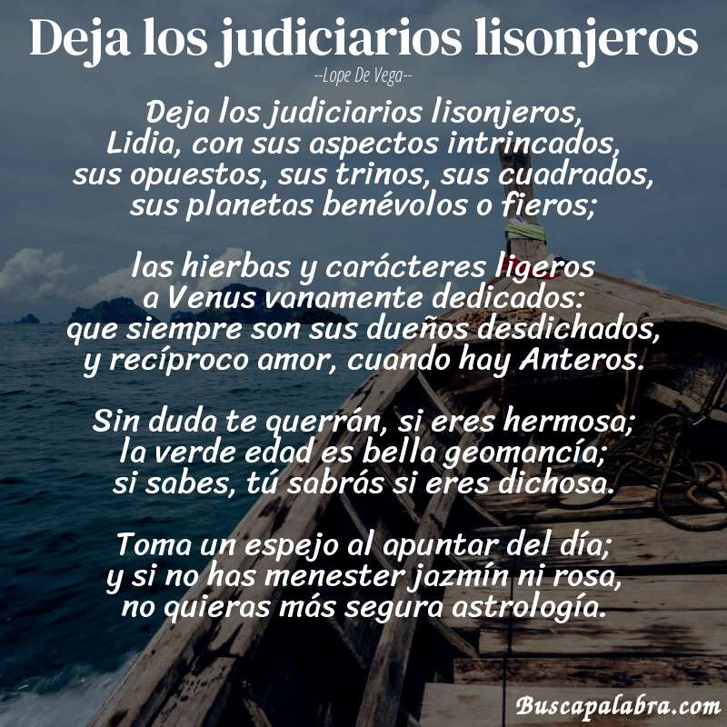 Poema Deja los judiciarios lisonjeros de Lope de Vega con fondo de barca
